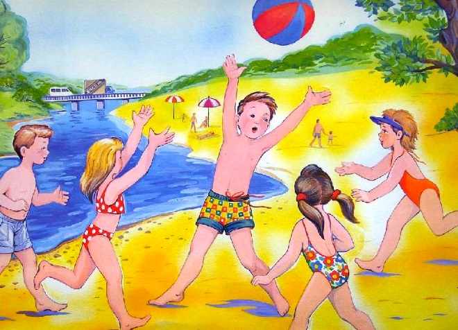 Дети играют в мяч на пляже