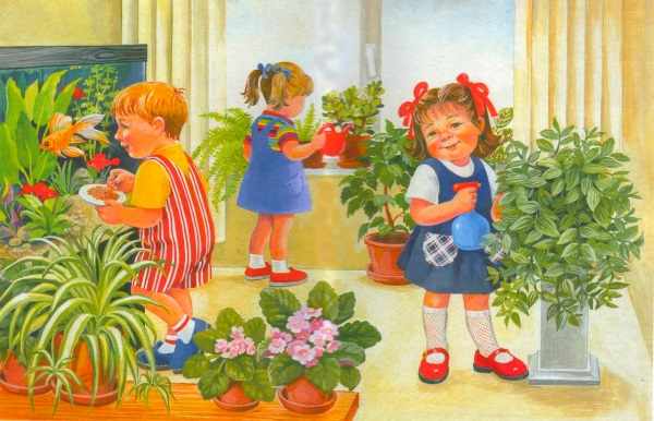 Дети поливают цветы в детском саду