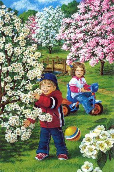 Дети собирают яблоневый цвет