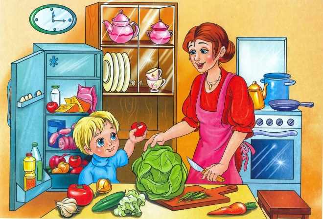 Мальчик помогает маме готовить